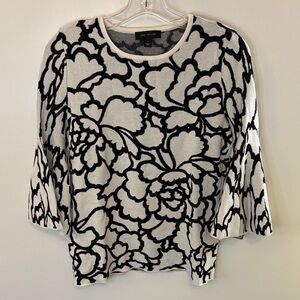 Anne Klein Ivory and Black Floral Knit Top with Bell Sleeves